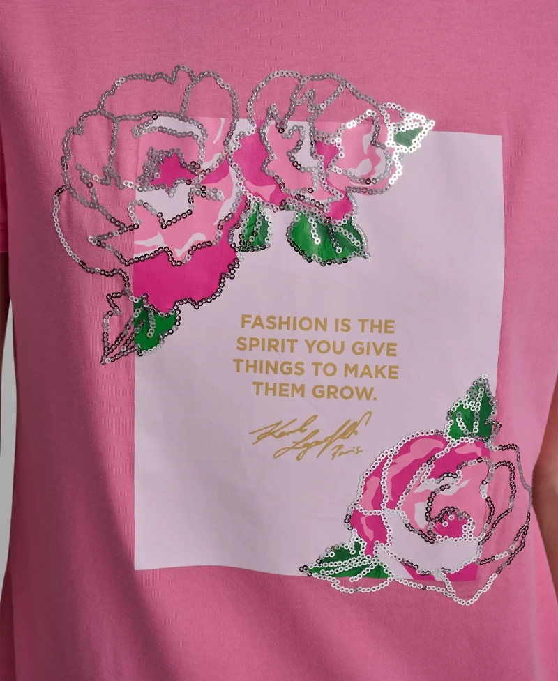 Karl Lagerfeld Paris Women's Rose Print Crew Neck T-Shirt