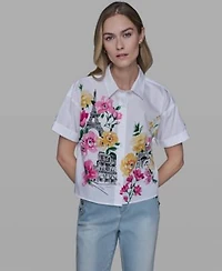 Karl Lagerfeld Paris Womens Floral Collared Neck Blouse