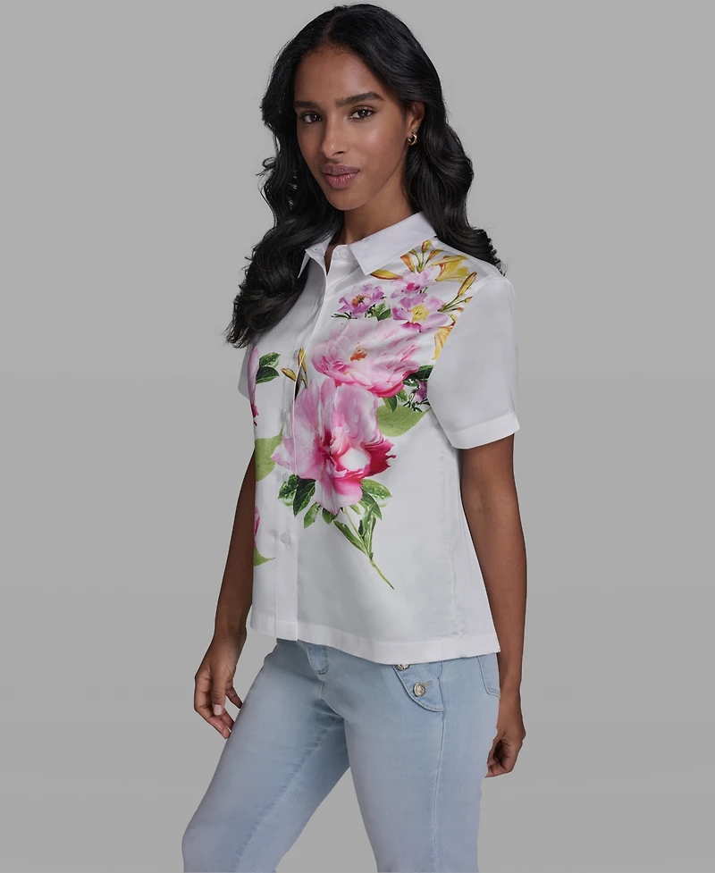Karl Lagerfeld Paris Women's Short-Sleeve Floral Collared Shirt