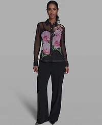Karl Lagerfeld Paris Women's Placed Floral Mesh Collared Shirt