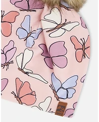Deux par Girl Stretch Jersey Hat Pink Printed Butterflies with Pompom