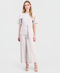 Anne Klein Womens Layered Belted Short Sleeve Top Cropped Wide Leg Pants