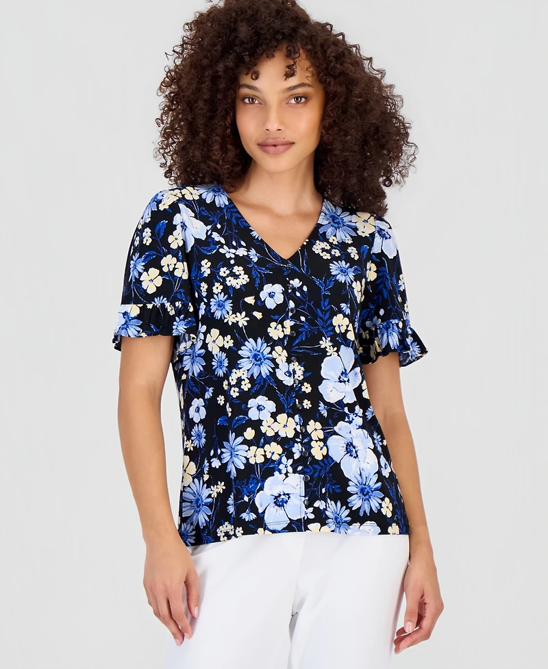 Anne Klein Essentials Petite Printed Ruffle-Sleeve Top