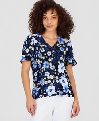 Anne Klein Essentials Petite Printed Ruffle-Sleeve Top