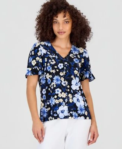 Anne Klein Essentials Petite Printed Ruffle Sleeve Top