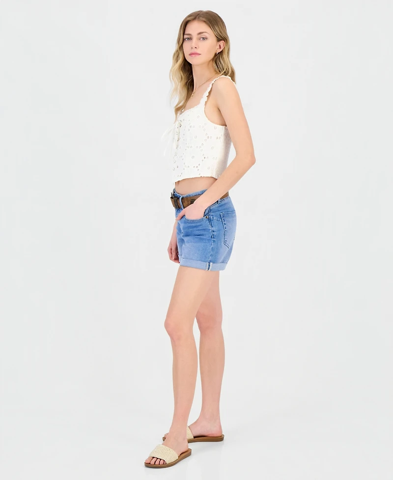 Dollhouse Juniors' Belted Cuffed Denim Shorts