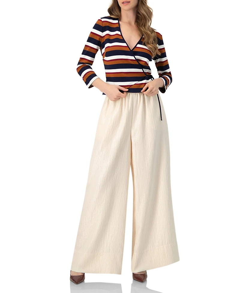 Ivonne Women's V-Neck Wrap Blouse with Color Block Stripes