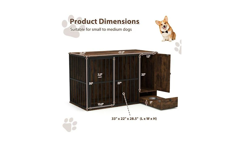 Aostirmotor Space-Saving Dog Crate End Table, 2-in-1 Furniture with Hidden Pull-Out Food Bowls & Durable Chew-Proof Frame