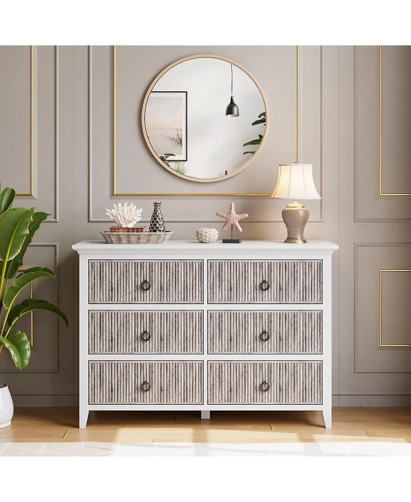 gaomon Fluted Dresser for Bedroom with 6 Drawers, 47 Inch Wide Multi-Functional Anti-Tip Storage Cabinet, Round Handle,Wooden Storage Cabinet Tv Stand