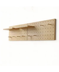 Yigii Oak Wood Pegboard Set with Shelves and Hooks for Creative Storage