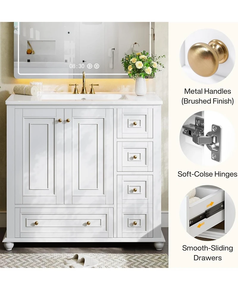 Tribesigns 36-Inch Bathroom Vanity with Ceramic Sink Combo, Freestanding Bathroom Storage Vanity Cabinet with 2 Doors & 4 Drawers And Undermount Sink