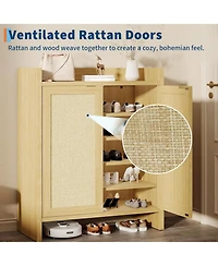 Gaomon Entryway Rattan Shoe Cabinet, Wooden Storage with Adjustable Shelves and Guardrail Top, Freestanding Hallway Rack