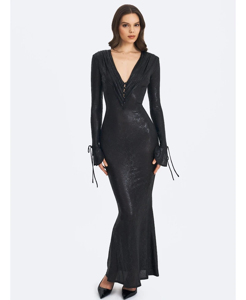 Miss Circle Women's Ilysia Black V-Neck Plunge Snakeskin Mermaid Hem Maxi Dress