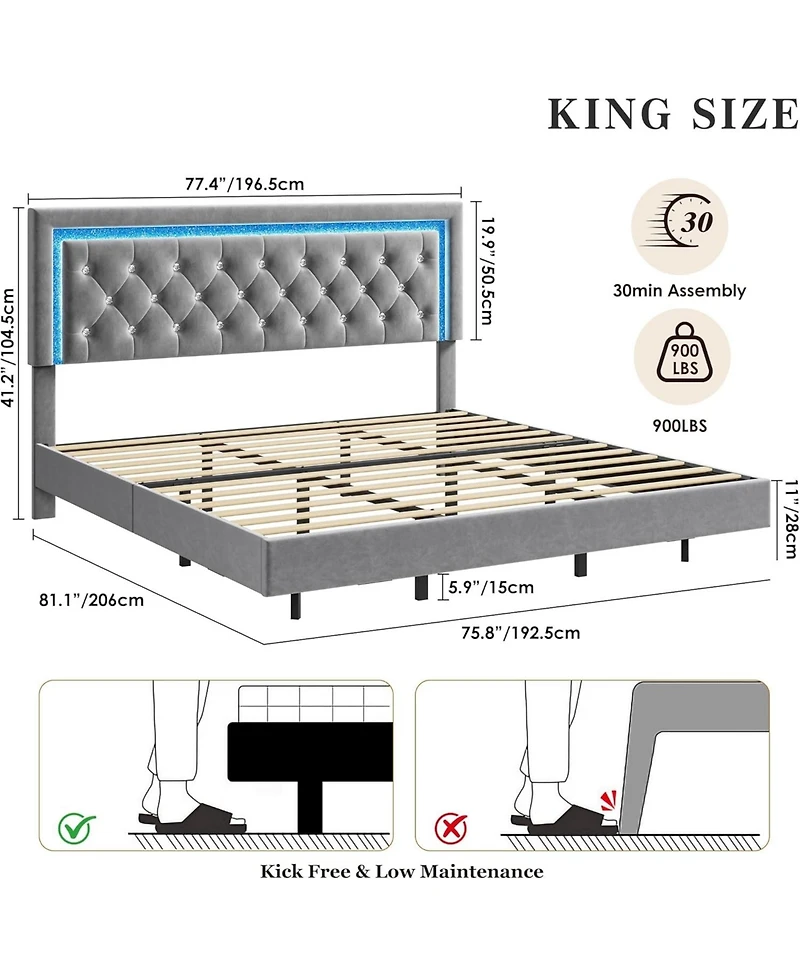 gaomon Floating Bed Frame with Smart Led Lights, Upholstered Platform Diamond Headboard, Solid Wood Slats Support