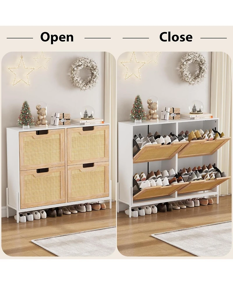 gaomon Rattan Shoe Storage Cabinet with 4 Flip Drawers, Freestanding Organizer Adjustable Shelves for Entryway, Narrow Rack Cabinet,