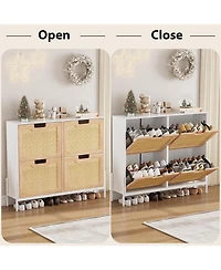 gaomon Rattan Shoe Storage Cabinet with 4 Flip Drawers, Freestanding Organizer Adjustable Shelves for Entryway, Narrow Rack Cabinet,