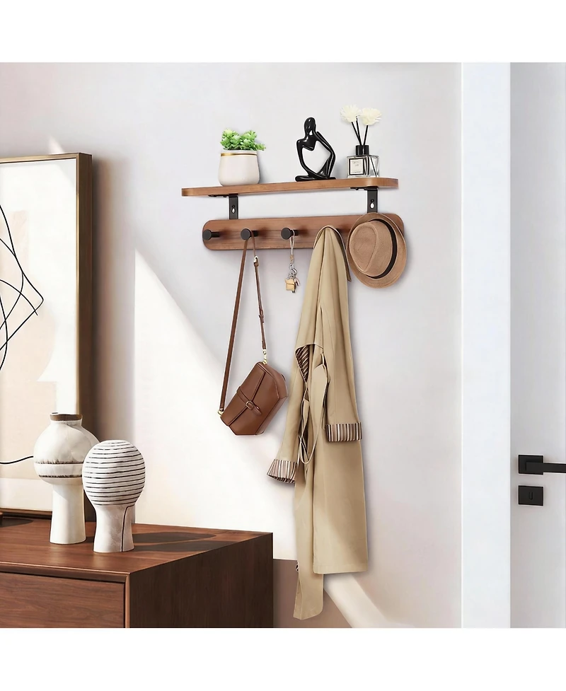Yigii Walnut Wood Shelf & 5 Hooks Wall Rack for Coats, Bags, Living Spaces