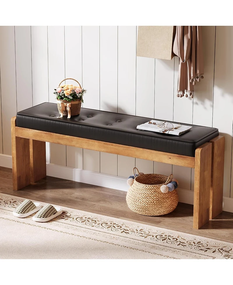 Tribesigns 47-Inch Solid Wood Entryway Bench, Modern End of Bed Bench with Button-Tufted Leather Pad and Wooden Legs
