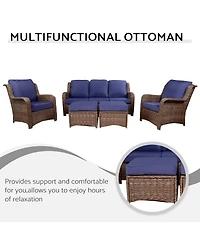 Flynama 5 Piece Rattan Outdoor Sectional Conversation Set 3 Seat Couch Single Chairs Ottomans Gray Navy for Lawn Garden Backyard