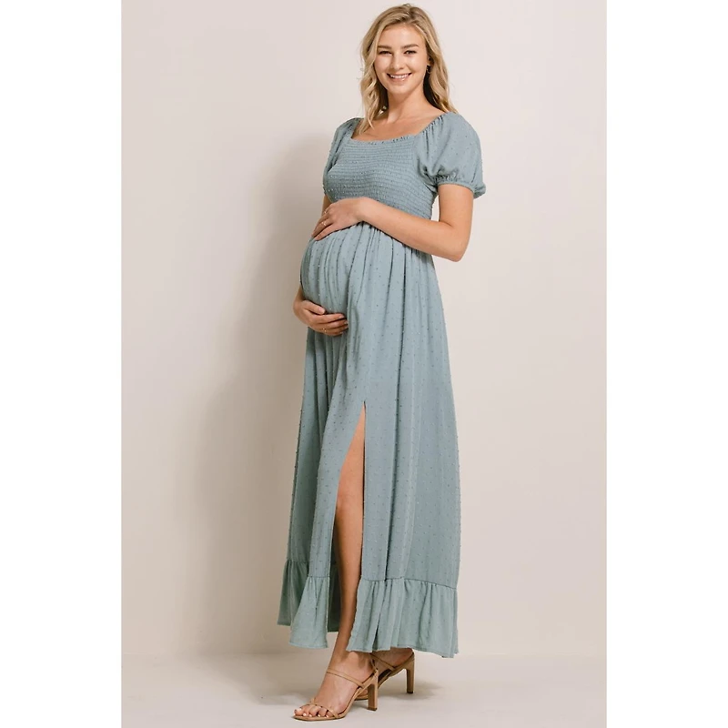 Hello Miz Maternity Smocked Swiss Dot Maxi Dress with Side Slit
