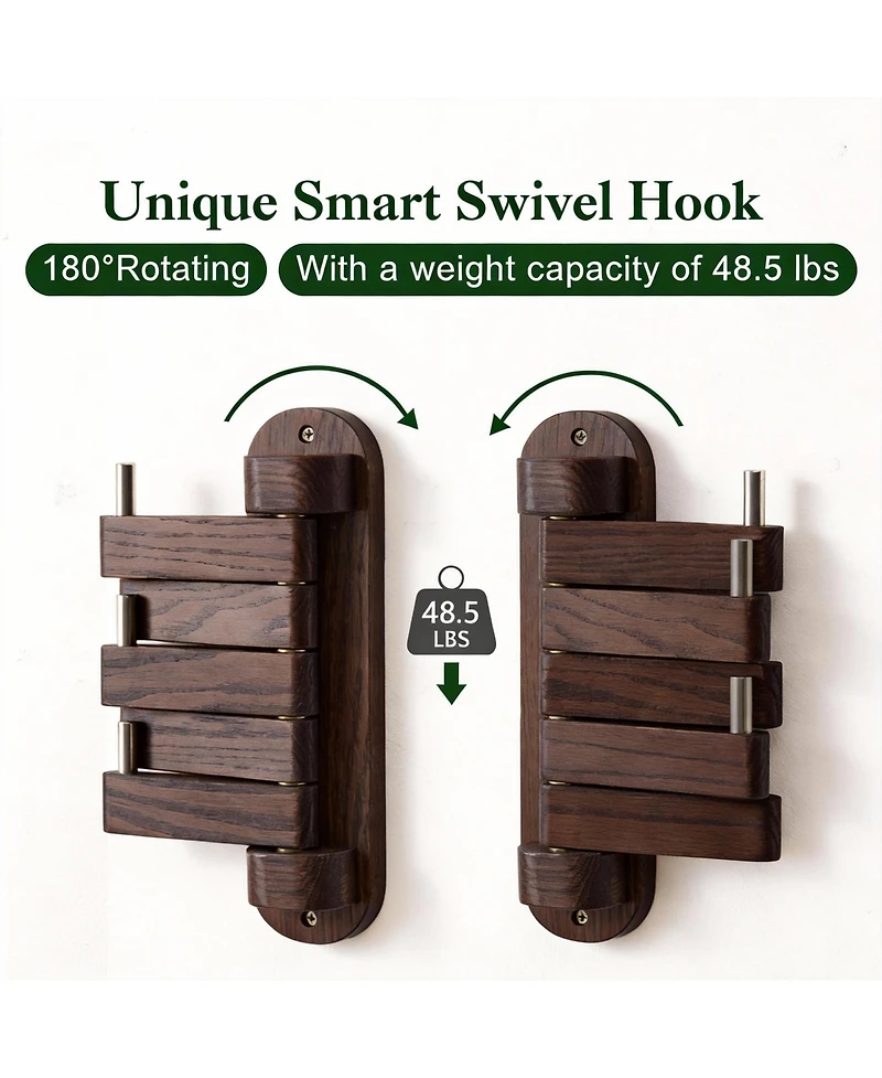 Yigii Solid Oak Swivel Coat Rack with 5 Foldable Hooks for Heavy Duty Use