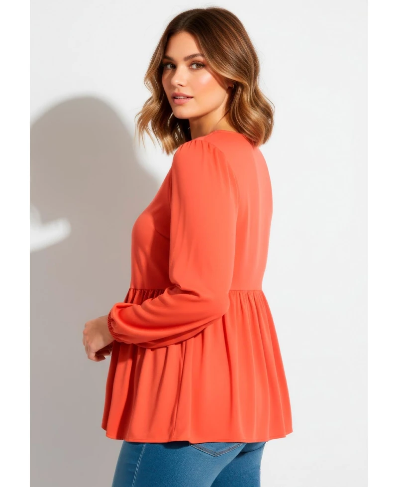 Avenue Women's Plus V Neck Blouson Elastic Waist Blouse