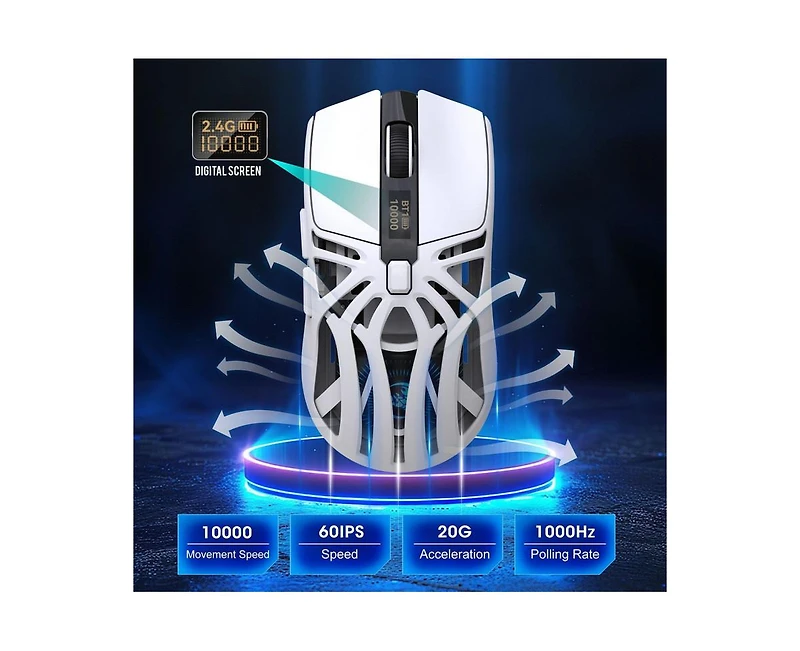 Risokeys Tri-Mode Wireless Gaming Mouse, Hollow Cooling Design,10000 Dpi Adjustable, 1000Hz Polling Rate, BT5.3+2.4G+Wired