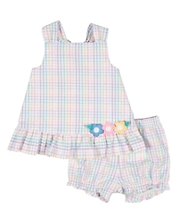 Florence Eiseman Baby Girl Plaid Seersucker Dress And Bloomer With Flowers