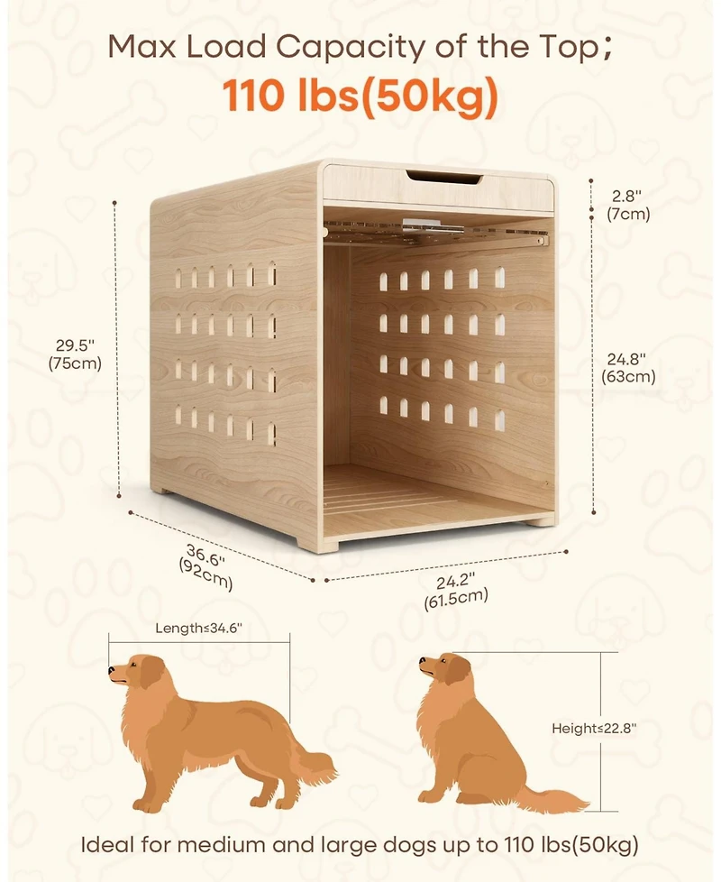 Sugift 37-Inch Oak Dog Crate Furniture with Charging Station, Large Indoor Wood Kennel Side Table with Flip Up Acrylic Door