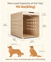 Sugift 37-Inch Oak Dog Crate Furniture with Charging Station, Large Indoor Wood Kennel Side Table with Flip Up Acrylic Door