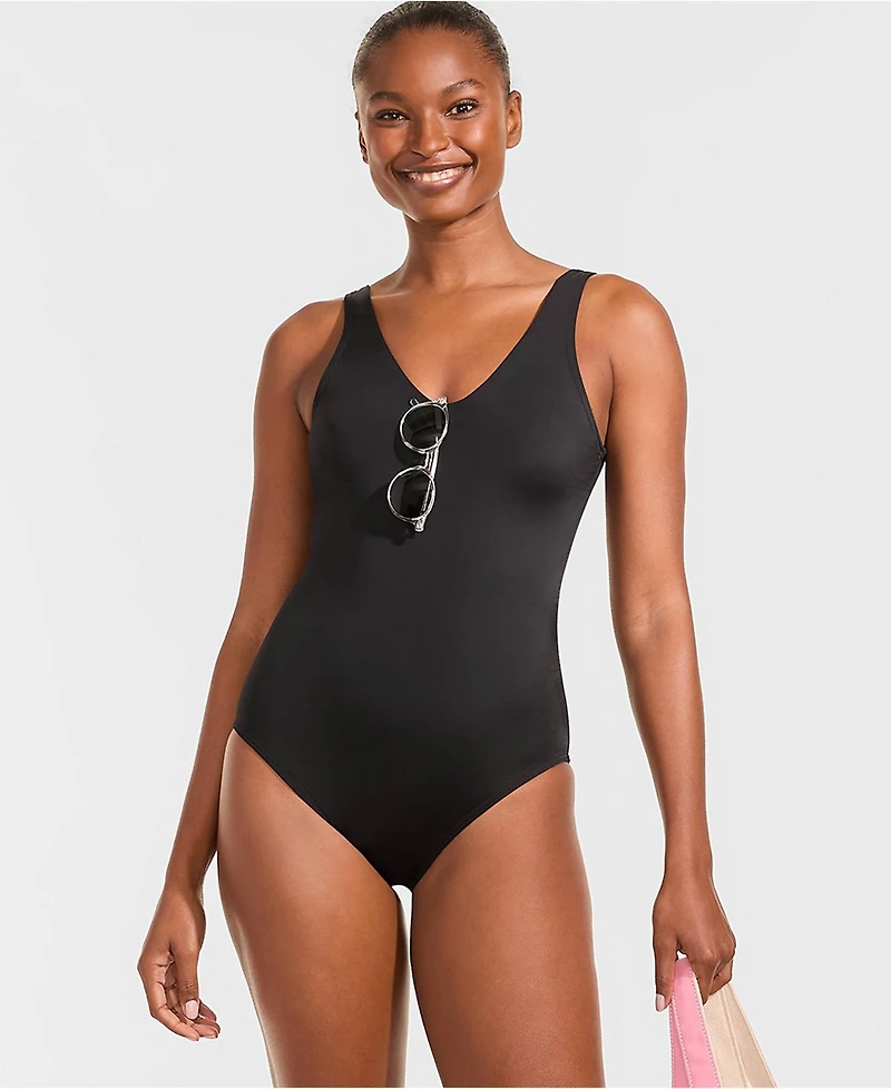 Lands' End Petite Tugless V-Neck High Leg One Piece Swimsuit