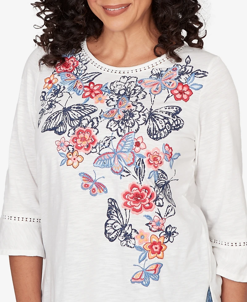 Alfred Dunner Women's Austin Embroidered Butterfly Crew Neck Knit Top