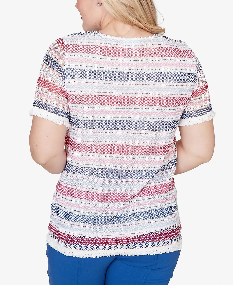 Alfred Dunner Women's The Royal Treatment Biadere Fringe Textured T-shirt with Necklace