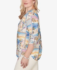 Alfred Dunner Women's Beachcomber Postcard Print Tie Sleeve Henley Top