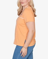 Alfred Dunner Women's Beachcomber Embroidered Floral Neck Short Sleeve T-shirt