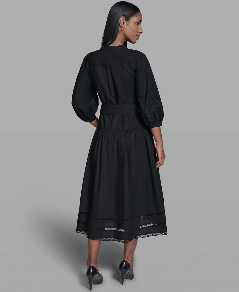 Karl Lagerfeld Paris Women's Poplin Eyelet Button Front Midi Dress