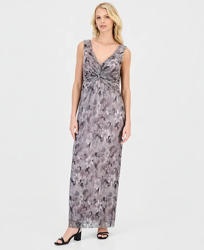 Connected Women's Metallic Floral Twist-Front Column Dress