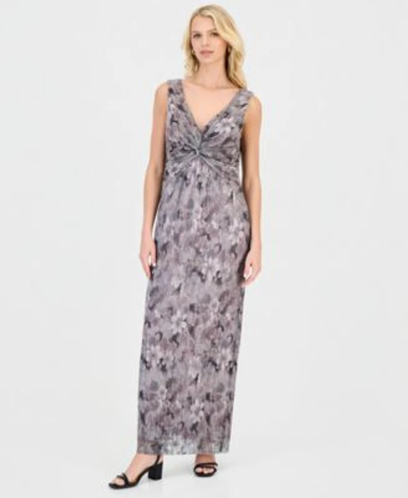 Connected Womens Metallic Floral Twist Front Column Dress