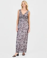 Connected Womens Metallic Floral Twist Front Column Dress