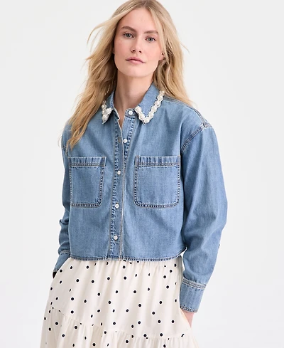 On 34th Women's Faux-Pearl-Trim Denim Shirt, Macy's Exclusive
