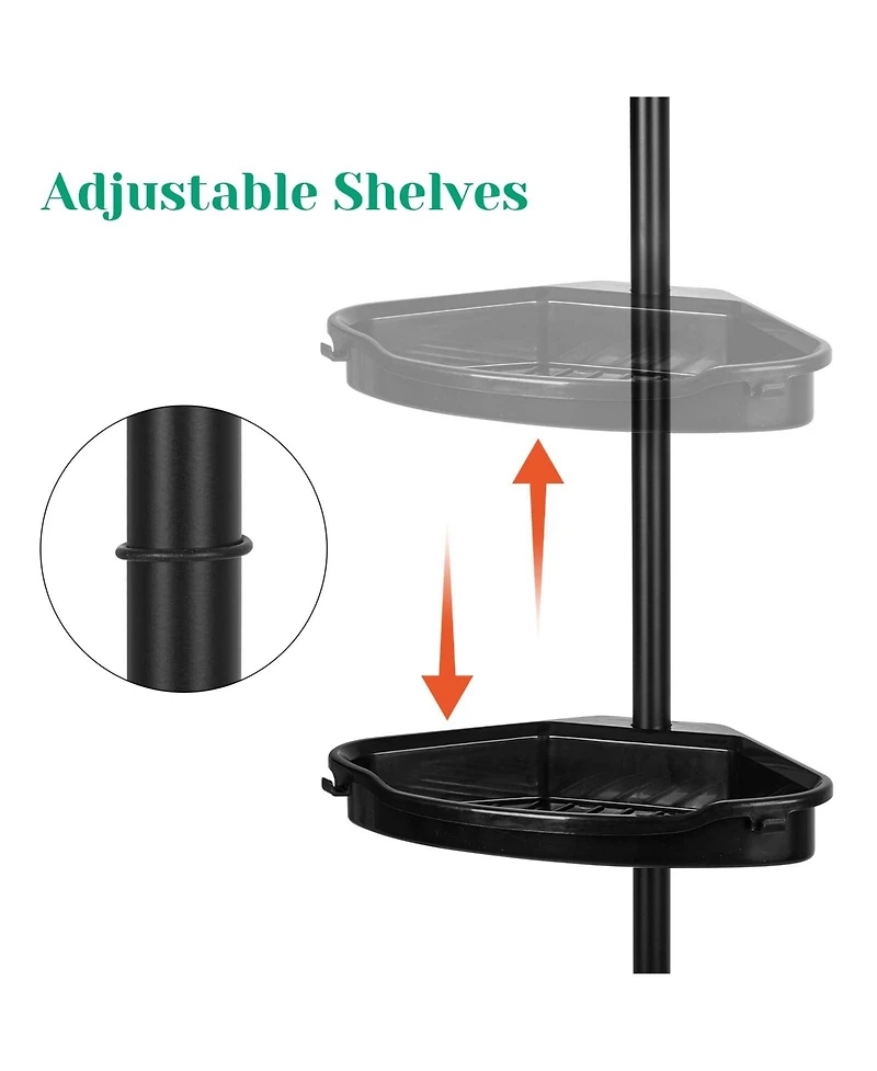 Homfan Corner Shower Caddy Tension Pole, Rust-Resistant Bathroom Storage Organizer with 4-Tier Adjustable Shelves & Rubber Pad, 101.6''- 122'' Height