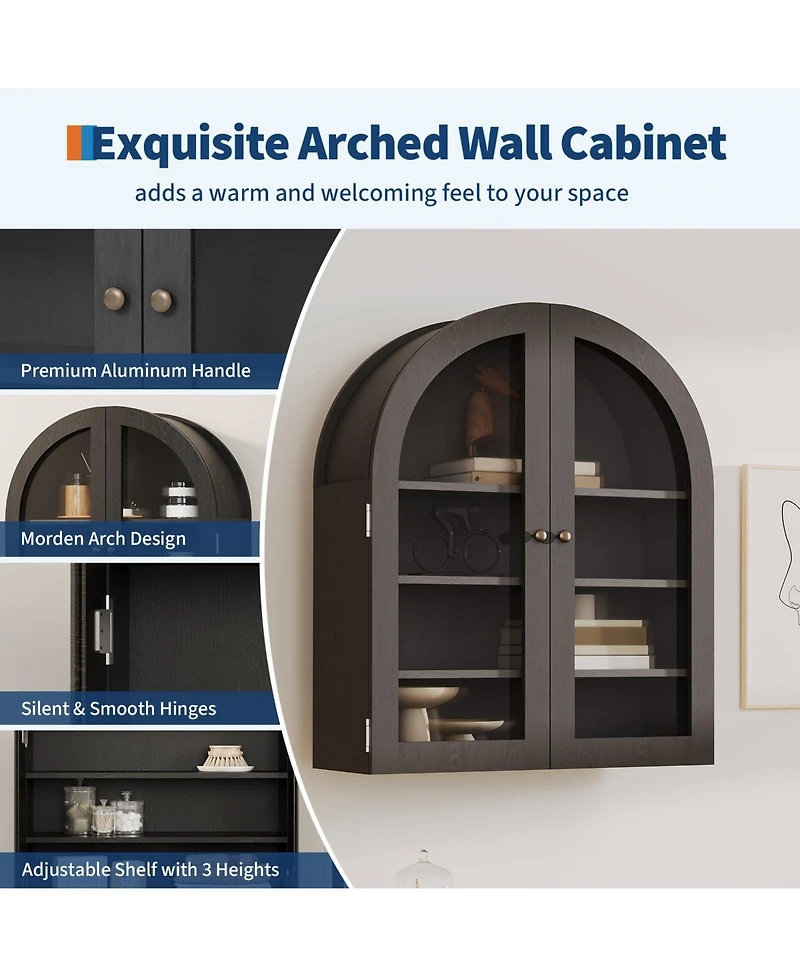 Homfan Arched Wall Cabinet, Arched Bathroom Medicine Wall Cabinet with Acrylic Door & Adjustable Shelves, Wall Mounted Storage Organizer
