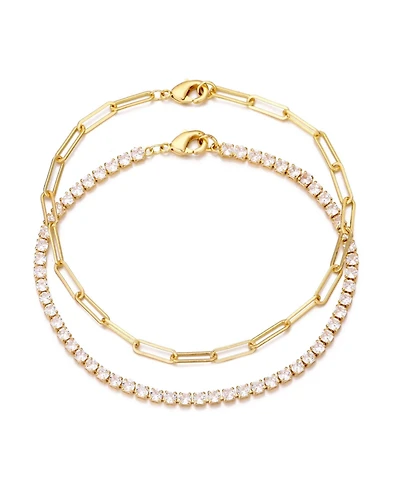 Adornia Gold Tennis and Paperclip Chain Bracelet Set
