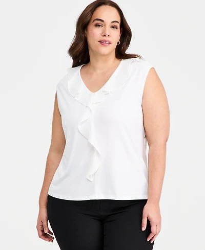 Kasper Plus Mixed-Media Ruffle Top