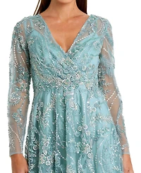 Mac Duggal Women's Floral Embroidered V Neck Long Sleeve Midi Dress
