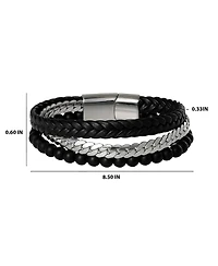 Lucky Brand Men s 3 Row Leather, Chain & Bead Bracelet, Black, Magnetic Clasp - 8.5''