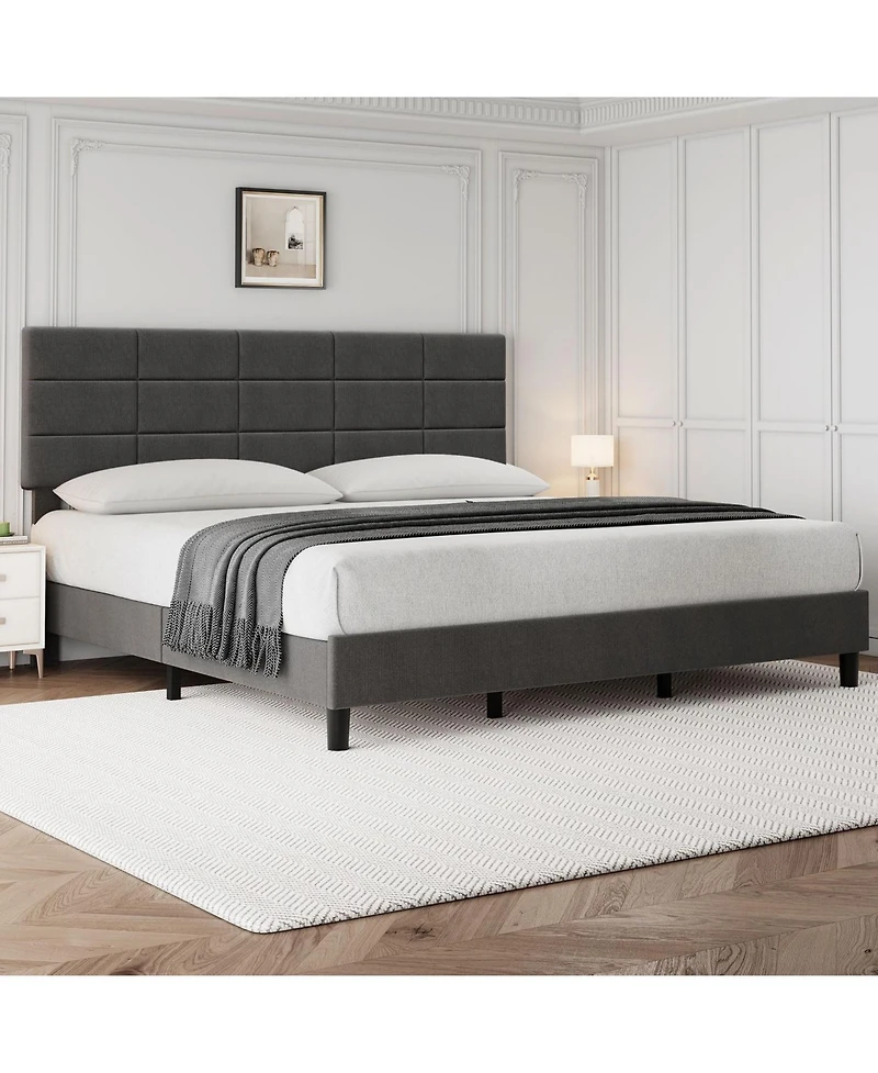 gaomon Upholstered Platform Bed Frame with Adjustable Tufted Linen Headboard, Wood Slats & Metal Legs, No Box Spring Needed