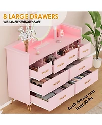 gaomon 8 Drawer Wood Dressers for Bedroom with Led Light and Power Outlet, Wooden Open Shelves Adult Kids