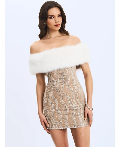 Miss Circle Women's Averie Fur Off-Shoulder Sequin Mini Dress