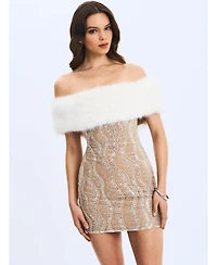 Miss Circle Women's Averie Fur Off-Shoulder Sequin Mini Dress